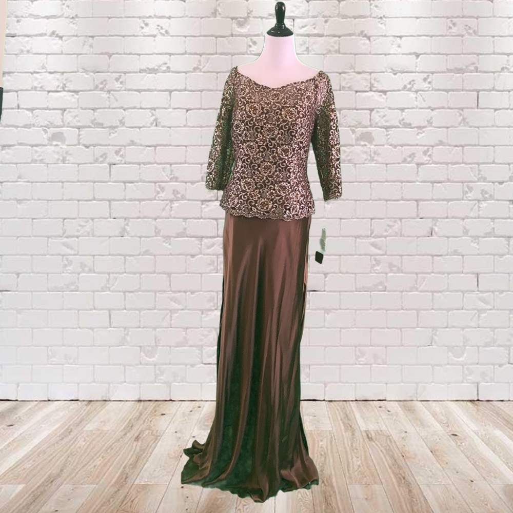Jean de lys Brown Beaded Silk Floor Length Gown - Picture 2 of 8